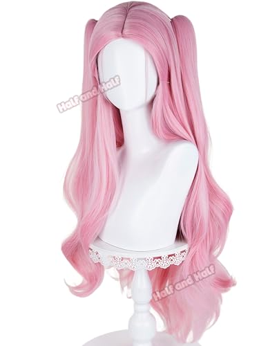 Image of Half and Half Pink Curly Anime Ponytail Wig Long Light Pink Twin Tail Wigs Cute Lolita Costume Wigs for Women Halloween Party Daily