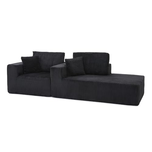 Image of L Shaped Modular Boneless Sectional Couches for Living Room, Wide Armrest, Deep Seat, Memory Foam, Assembly Free, Modern Comfy Corduroy Fluffy Cloud Sofa with Right Chaise, Black
