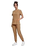 floralhue Scrubs for Women, V-Neck Scrubs Top & Cargo Pants, Scrubs Set with 10 Pockets, Yoga Waistband, 4 Way Stretch, Khaki, 3XL