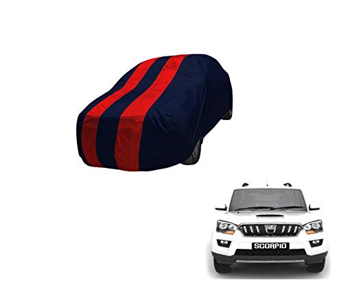 Image of Auto Hub Car Cover Compatible with Mahindra Scorpio (Model : 2015-Till Date) with Mirror Pocket,Triple Stitched, Weather Proof, Scorpio Car Cover- Navy-Red