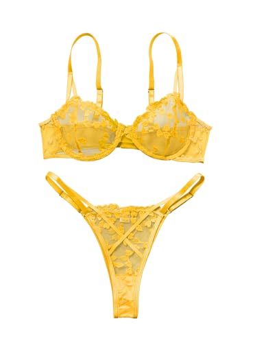 Lilosy Sexy Cute Underwire Push Up Strappy Heart Embroidered Mesh Sheer Lingerie Set for Women Bachelorette See Through Bra and Panty 2 Piece Yellow Small