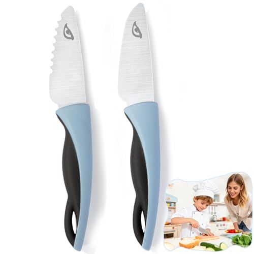 Set de Cuchillos de Cocina para Niños a partir de 2 Años, 2 Cuchillos de Seguridad para Cortar Frutas y Verduras, Puntas Redondeadas, Herramienta Montessori de Acero Inoxidable para Pequeños Chefs
