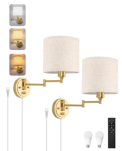 Image of GOODATE Plug in Wall Sconces with Remote Control, Dimming & Adjustable Colors 2700K-6500K, Hardwire or Plug-in, Swing Arm Wall Lamp with Linen Fabric Shade, Wall Sconces Set of Two, Gold Finish