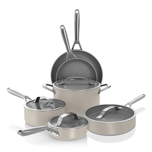 Ninja Ceramic Pro 10-Piece Cookware Set, Non-Stick Pots & Pans Set with Glass Lids, Nontoxic, PTFE Free, Ceramic Coated, Oven Safe, All Stovetops & Induction Compatible, Stone, CW39010ST
