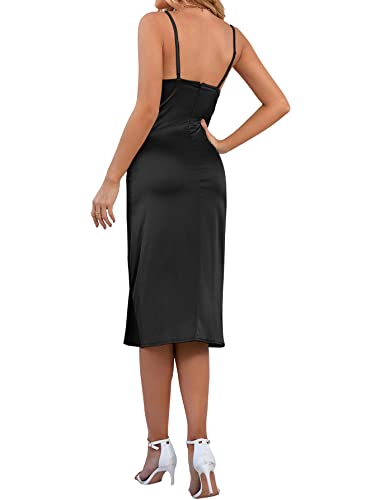 Lyaner Women's Satin Drape Cowl Neck Sleeveless Strappy Cami Split Slit Cocktail Party Midi Dress Black X-Large #TOP1