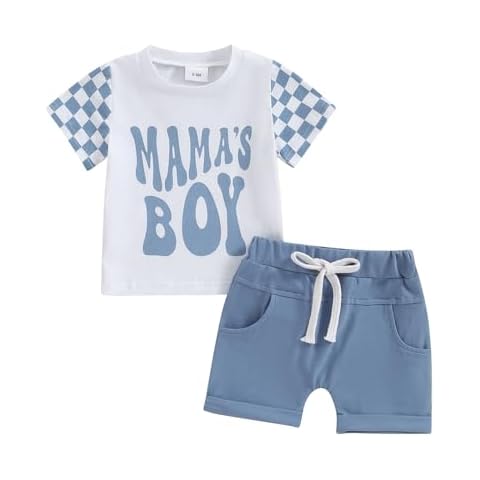 FOCUSNORM Toddler Boys Summer Outfits Mamas Boy Checkerboard Short Sleeve T-Shirts Tops and Elastic Waist Shorts Clothes Sets (Checkerboard Blue, 18-24 Months) Cover