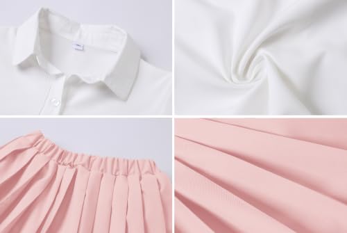 Image of Betusline Girls Skirt Set JK School Uniform 2-Piece Outfit - Short Sleeve Shirt with Bow & Pleated Skirt 4T-14Y