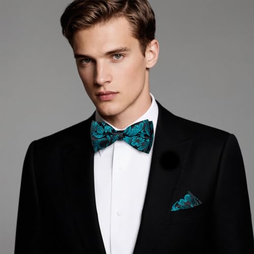 Image of Hi-Tie Bow Ties for Men Pre-Tied Pocket Square with Cufflinks Mens Bowtie Sets for Wedding Formal Party