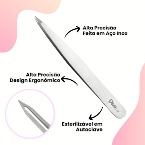 Pinça Agulha Fina Alta Precisão Profissional Design de Sobrancelhas - Autoclavável - Prata