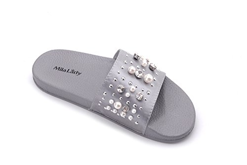 Mila Lady Womens Summer Non-Slip Slides Sandals Slipper for Indoor Outdoor Beach Casual Shoes, Sandy Grey 7