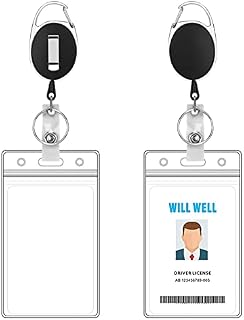 Skycase 2 x Key Fobs + 2 x ID Badge Holders, ID Card Holder with Key Fob, Retractable Carabiner Clip with Steel Cable, Badge Holder, Key Ring for Card Holder, ID Card Pack of 4 (Black)