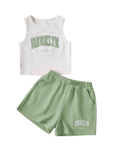 Image of Floerns Girl's Summer Letter Graphic Tank Top Sport Shorts Sets 2 Piece Outfit Mint Green 11-12Y