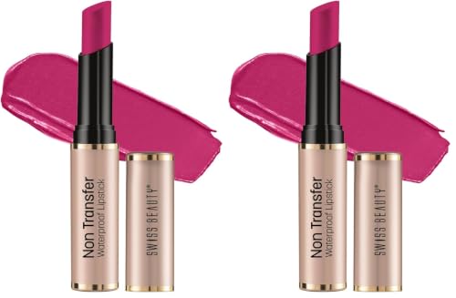 Image of Swiss Beauty Non-Transfer Waterproof Lipstick with Jojoba Seed Oil | Matte Finish | Long-Lasting | Highly Pigmented | Shade- Fuchsia Pink, 3gm (Pack of 2)