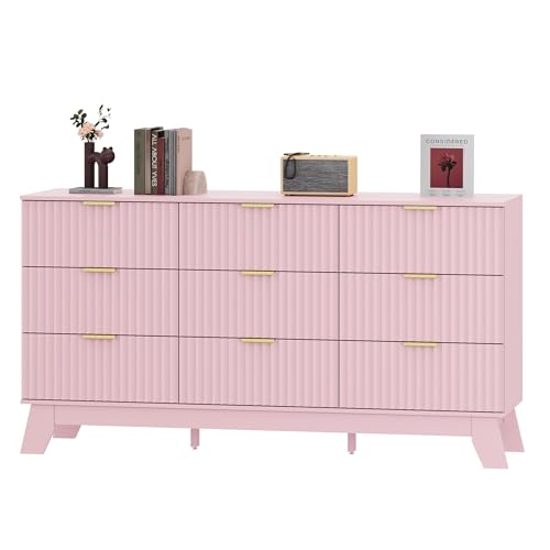 Image of Fluted Dresser for Bedroom with 9 Drawers, 57 inch Pink Dressers & Chest of Drawers for Girls, Mid Century Modern Dresser of Closet TV Stand, Boho Wood Chests of Drawer for Living Room, Hallway, Pink