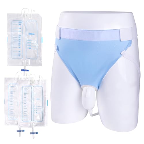 Urine Collection Bag Condom Catheters for Men Reusable Portable Wearable Urinary Drainage with (2000 ML*1+1000 ML*2) Urine Catheter Bag System (Blue-Men)