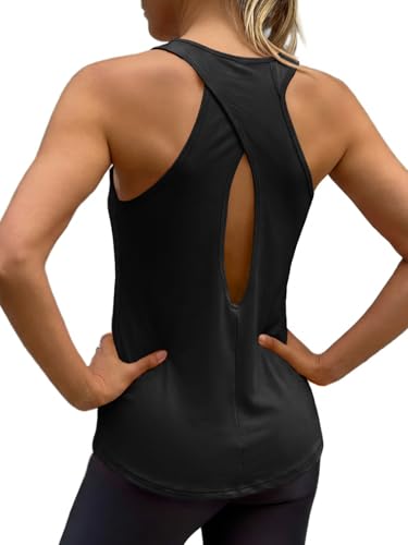 Fisoew Damen Cross Rückenlose Tank Tops Racerback Ärmellos Yogashirt Offene Rücken Sport Oberteile Schwarz M