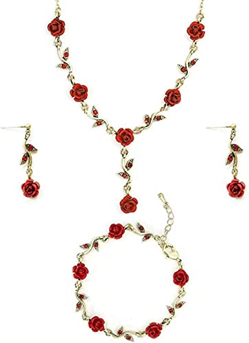 3pcs Rouge Rose Fleur Parure Ensemble de Bijoux Femme 18 or Collier Bracelet Boucles D'Oreilles Pendantes Ajustable Vintage jewellery set Mariage Cadeau...