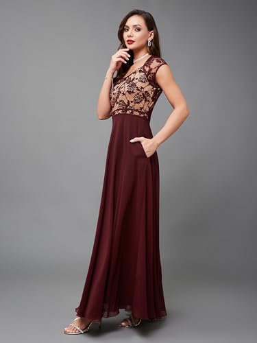 Image of Miss Chase Women's V-Neck Full Sleeve Self Design Lace-Overlaid Georgette Maxi Dress
