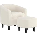 Yaheetech Accent Chair and Ottoman Set, Modern Fuzzy Sherpa Barrel Chair and Footrest, Comfy Boucle Armchair and Footstool for Living Room/Bedroom/Reading Room/Guestroom, Ivory