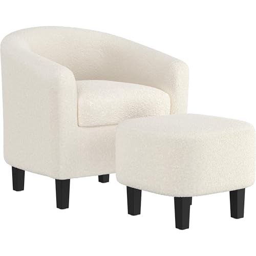 Yaheetech Accent Chair and Ottoman Set, Modern Fuzzy Sherpa Barrel Chair and Footrest, Comfy Boucle Armchair and Footstool for Living Room/Bedroom/Reading Room/Guestroom, Ivory