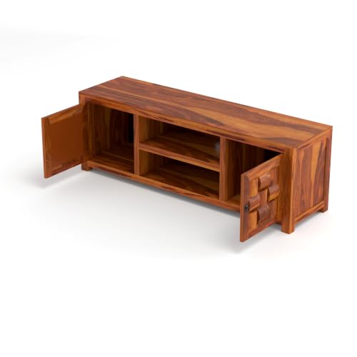 Image of Solid Sheesham Wood Entertainment TV Unit with 2 Door | Rosewood Tv Stand /TV Cabinet for Living Room | Bedroom | Wooden TV Panel with Shelf Stoarge | TV Table
