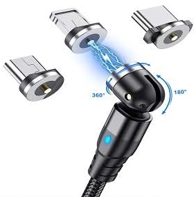 JJA 3 in 1 Magnetic Charging Cable, Pack of 3, [3.3ft+6.6ft+10ft, Black] Multi Charger Cable, 360° & 180° rotation, Nylon Braided, 2.4A Fast Charger Cable for Smartphones Micro USB/Type C/Phone
