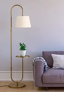 Divine Trends Modern Table Shelf LED Floor Lamp Standing Brass Antique Finish Gold 5Ft Height With Shelf Diameter 10 Inches And Off White Lampshade (Pack Of 1)