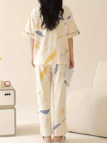 Image of Celary Women's Korean Night Suit Set | Round Neck Full Sleeve Top & Printed Ankle Length Pyjama | Skin-Friendly Fabric Soft Breathable Stretchable Loungewear | M to 2XL