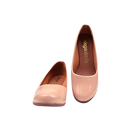 Sapato Scarpin Verniz Anabela Salto Médio Eleganteria Tamanho:35;Cor:Natural Nude