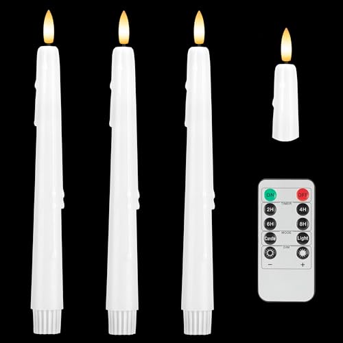 Image of Dripless Flameless Taper Candles with Remote, Real Wax Battery Operated LED Candles Set with 3D Flickering Flame, 3Pcs White 9.6 inch Realistic Candlesticks as Mothers Day Gifts, Gifts for Mom