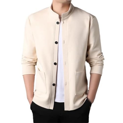 Men's Solid Color Hoodless Cardigan with Single-Breasted Button and Half-High Collar Regular Fit Straight