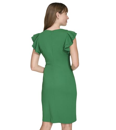 Image of Tommy Hilfiger Women's Sleeveless Ruffle Hem Jewel Neck Crepe Sheath Mini Dress