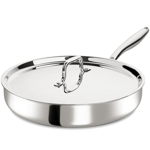 12 Inch Tri-Ply Stainless Steel Frying Pan, Frying Pan with Lid, PFOA/PTFE Free Skillet, Induction...
