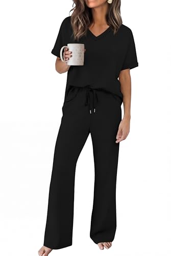 Sampeel Lounge Sets for Women Two Piece Sets Summer Resort Wear Capsule Wardrobe 2026 Cruise Travel Airport Vacation Teacher Date Outfits Oversized V Neck Short Sleeve Tops Fashion Clothing Black L