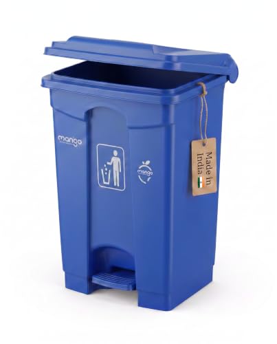 Image of pedal dustbin with lid, heavy duty plastic garbage bin, hands-free step-on waste bin for kitchen, office, home, hotel, bathroom & outdoor use (Blue, 65 Liters)