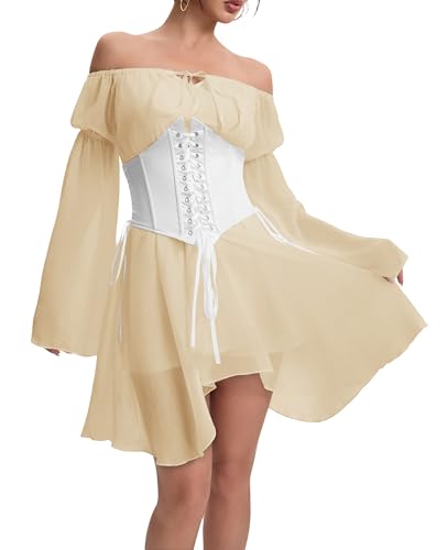 Image of Womens Corset Dress Off Shoulder Bell Sleeve Casual Party Pirate Fairy Dress Set