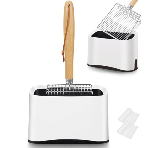 Metal Cat Litter Scoop with Holder, Poop Scooper with Stand and 2 Rolls of Garbage Bags, Heavy Duty Stainless Steel Shovel with Wooden, Quick Sifter for Easy Cleaning (Long handle-9.8" with Holder) - image 8