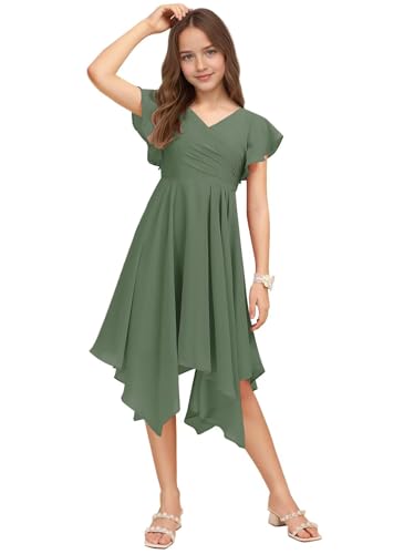 dideyttawl Junior Bridesmaid Dresses Short Flutter Sleeves Chiffon Pleated Flower Girls Dress Flowy Prom Gown for 4-16 2505