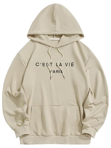 ZAFUL Men's Hooded Sweatshirt Graphic Colorblock Two Tone Fleece Lined Pullover Thermal Hoodie (PARIS2-Light Coffee, L)