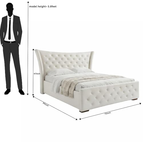 Image of Pearl Upholstered King Size Bed with Box Storage for Bedroom | Elegant Wooden Double Bed with Storage | Platform Cot Palang with Tufted Headboard | 6.5 x 6 Ft | Sheesham Wood | White
