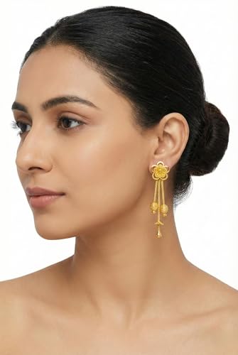 Image of DEW MAT Traditional Gold Plated Jhumka & Floral Dangler Earrings for Women & Girls | Lightweight Ethnic Temple Style Indian Drop Earrings | Festive & Wedding Fashion Jewellery | Gold Tone