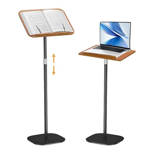 aleawol Wood Book Stand Adjustable Height and Angle, Cookbook Holder Reading Book Stand with Page Paper Clips, Wooden Tablet Holder Floor Book Stands for Reading Drawing