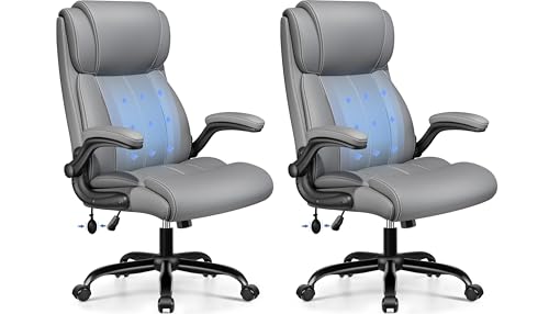 Image of BESTFAIR High Back Office Chair, Adjustable Lumbar Support, Rocking, Gray | Inflatable Lumbar Eases Lower Back Fatigue, Padded Flip-Up Armrests, 21 inch Wide Seat, Scratch-Resistant PU Leather, 2 Pack