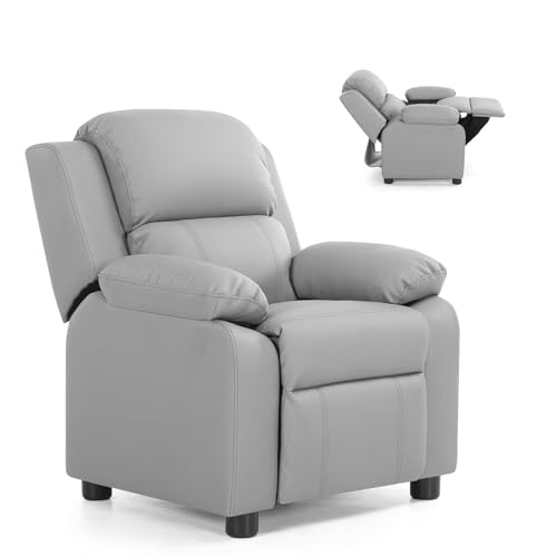 Costzon Kids Sofa Recliner, Children PU Leather Armchair W/Front Footrest, Flip-up Storage Arms, Padded Backrest, Ergonomic Contemporary Sofa for Toddler Boys Girls, Lightweight Sofa Chair (Gray)