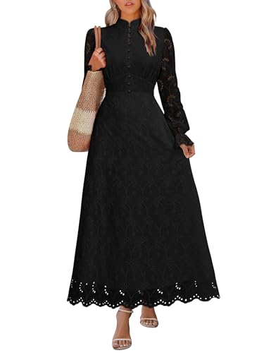 ANRABESS Wedding Guest Dresses for Women 2025 Fall Formal Long Sleeve Eyelet High Neck Elegant Classic Maxi Dress Pockets Black Medium