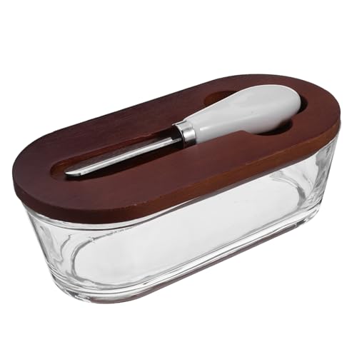 TOYANDONA Caja Mantequilla Rectangular con Tapa Hermética y Cuchillo Incorporado Mantequillera de Vidrio y Madera para Conservar Cocina y Nevera Diseño Moderno y Resistente