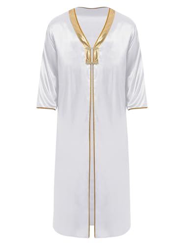 Sywiyi Men's Arabian Thobe Muslim Long Satin Shiny Metallic Gold Trim V-Neck Open Front Robe Eid Wedding Gown