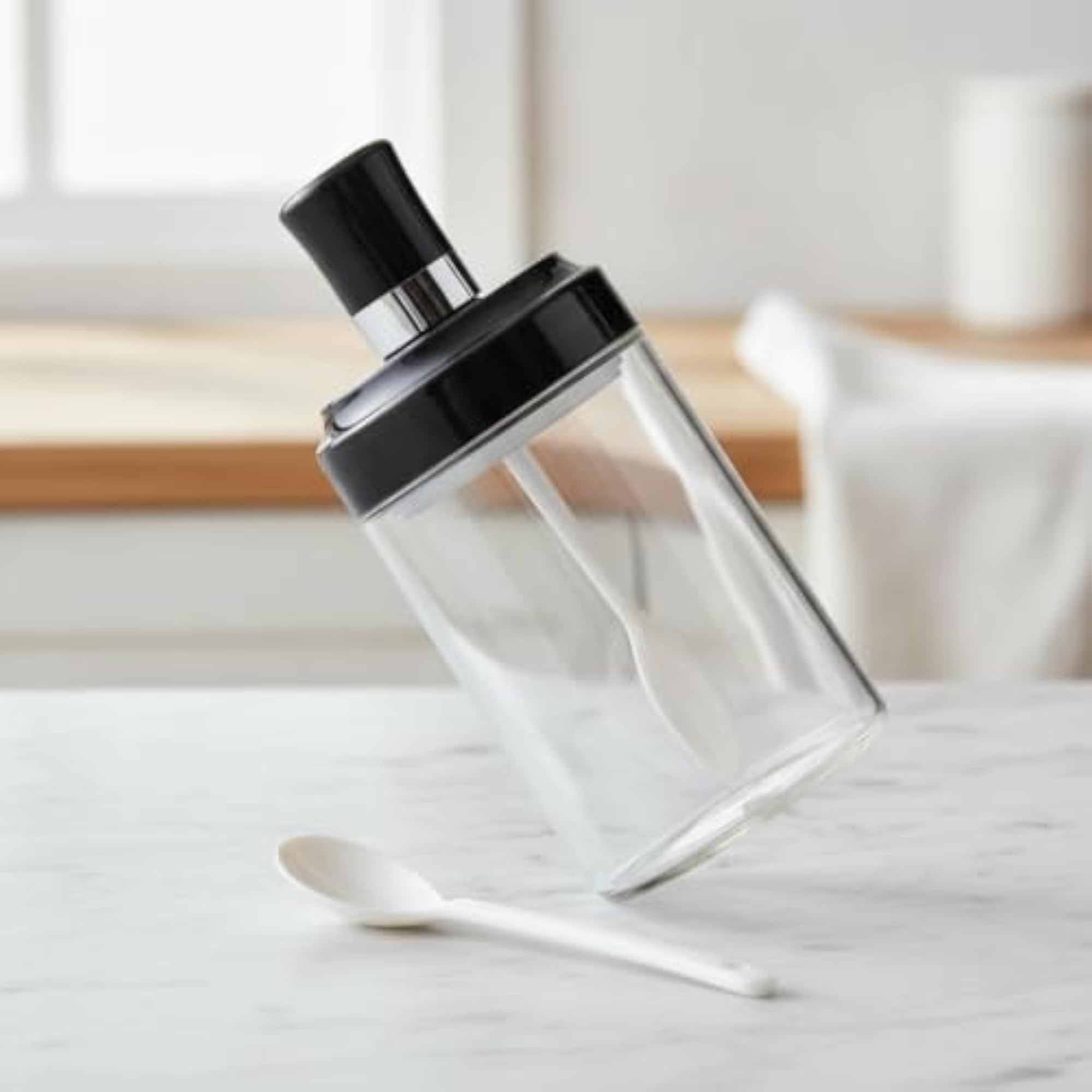 3x Glass Salt Shaker with Spoon Set, Stylish Kitchenware