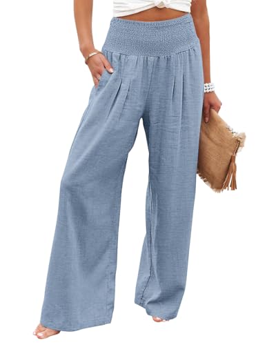 KISSMODA Ladies Classic Palazzo Trousers Elastic High Waist Pants Loose Fit Wide Legged Long Lounge Trouser A-Blue