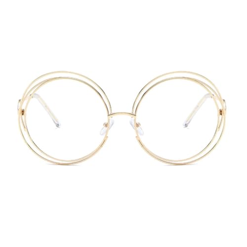 QGGNMGT Gafas de sol redondas vintage para mujer, montura grande de metal, estilo moderno, gafas de sol femeninas (doradas y transparentes)